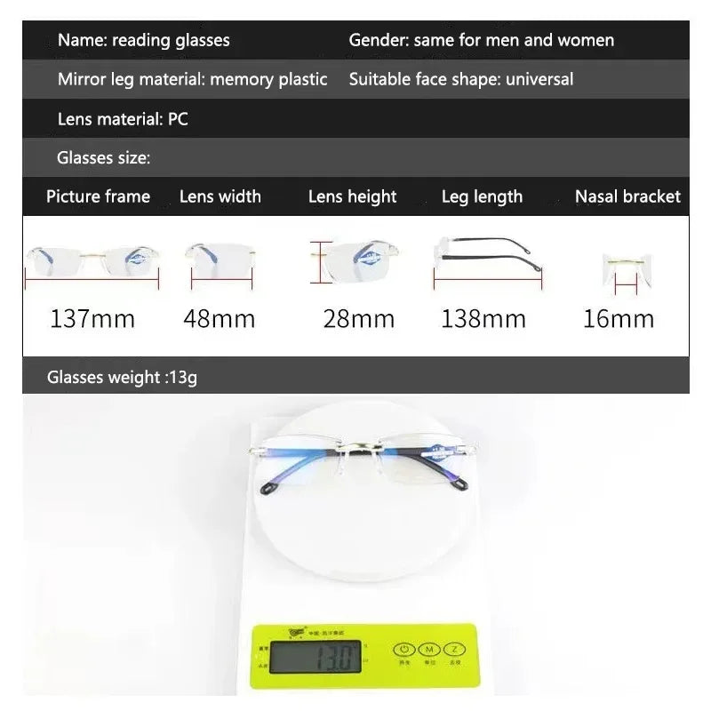 Rahmenlose Lesebrille mit Blaulichtfilter für Damen und Herren, +1,0 +1,5 +2,0 +2,5 +3,5 +4,0