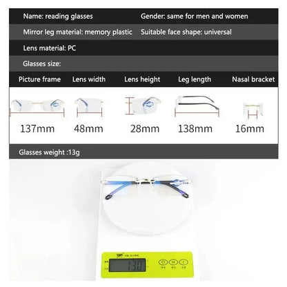Rahmenlose Lesebrille mit Blaulichtfilter für Damen und Herren, +1,0 +1,5 +2,0 +2,5 +3,5 +4,0