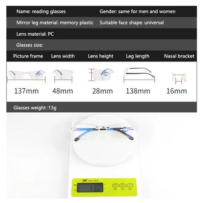 Rahmenlose Lesebrille mit Blaulichtfilter für Damen und Herren, +1,0 +1,5 +2,0 +2,5 +3,5 +4,0
